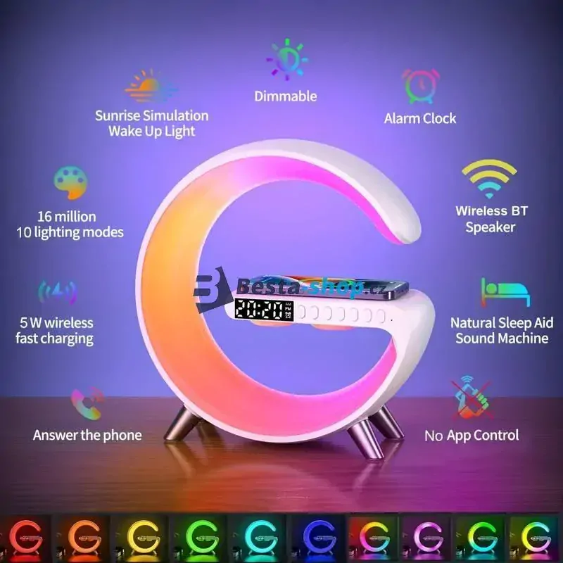 Chytrá bezdrátová nabíječka s reproduktorem a budíkem mini