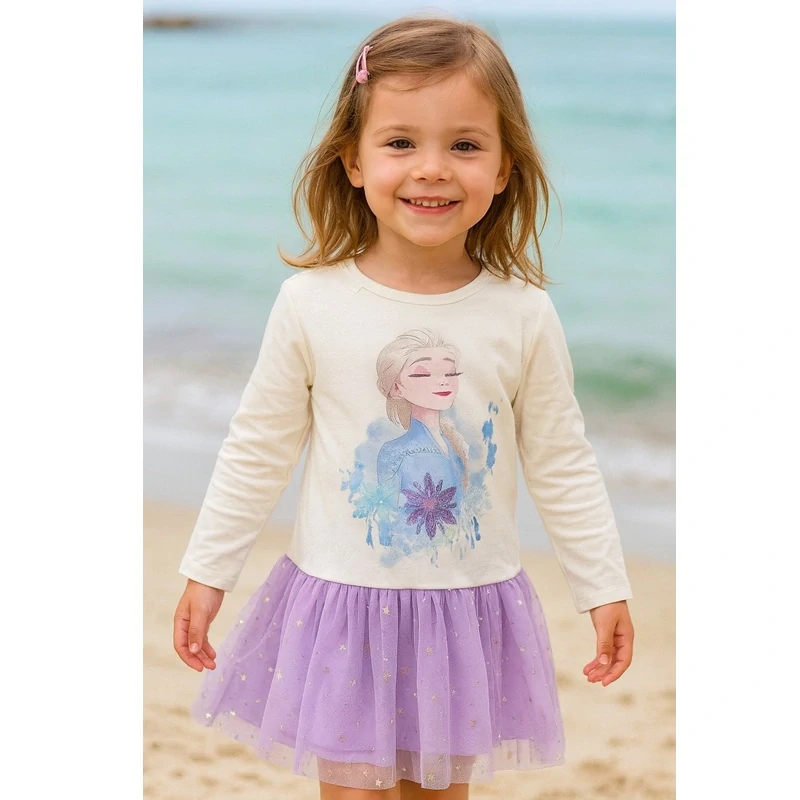 Dívčí bavlněné letní šaty Ledové království s tylovou sukní - bílé