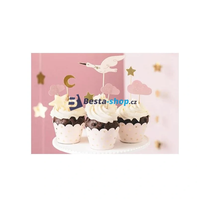 Ozdoby na cupcake - Čáp růžový, 7 ks
