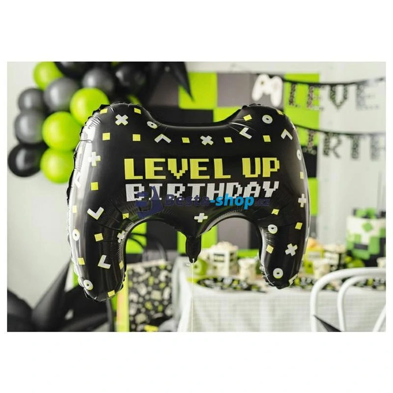 Balónek fóliový Gamepad " Level Up Birthday " 75 x 52 cm černý