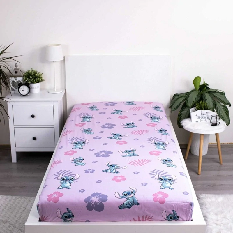 Bavlněné napínací prostěradlo Lilo & Stitch - 90 × 200 × 25 cm růžové
