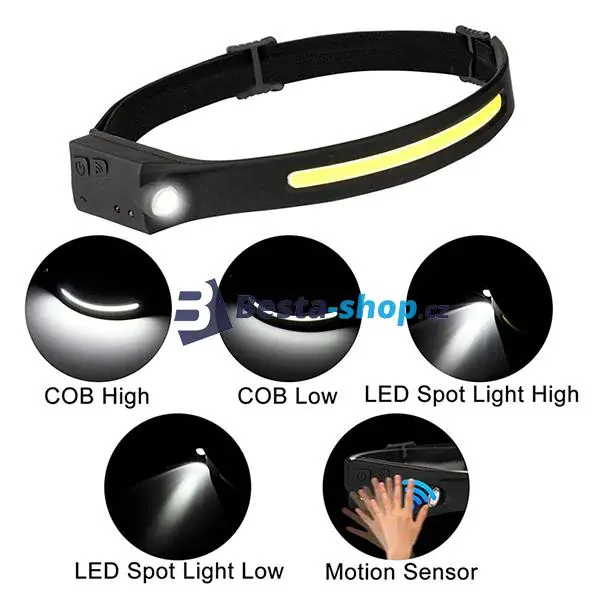 Headlamp LED čelovka svítilna COB + XPE , 1200mAh, IPX4 černá