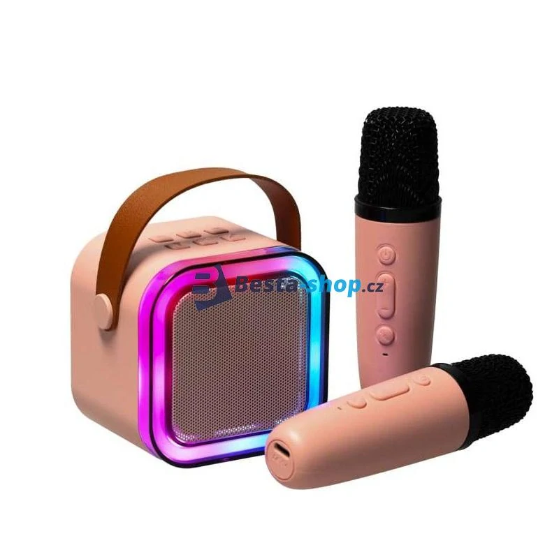 Bezdrátový přenosný mini karaoke set 2x mikrofon K12 růžový