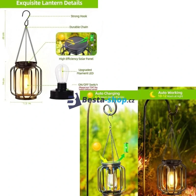 LED solární zahradní lucerna na zavěšení teplá bílá 36cm
