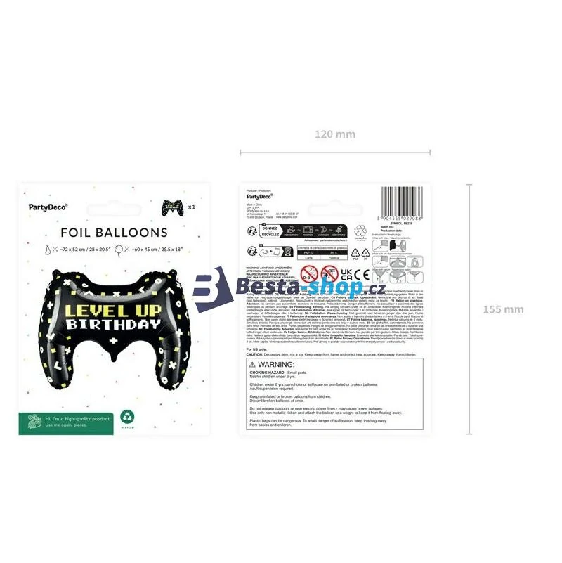 Balónek fóliový Gamepad " Level Up Birthday " 75 x 52 cm černý
