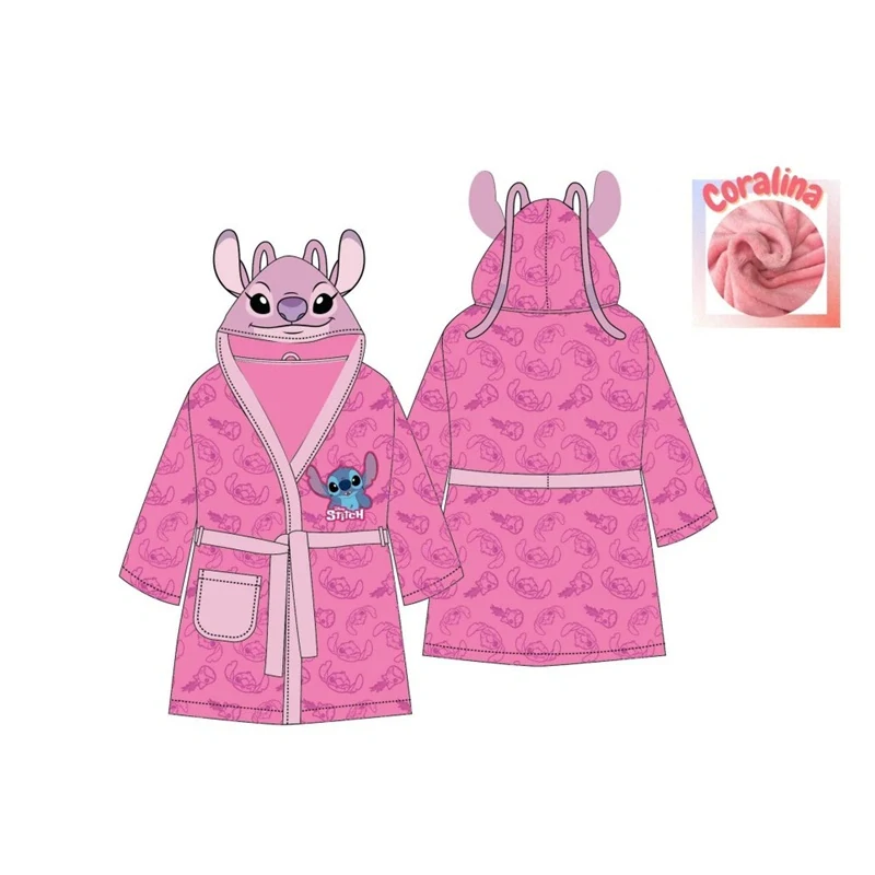 Dětský hřejivý župan froté – Lilo & Stitch, růžový s kapucí a oušky
