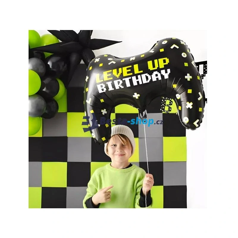 Balónek fóliový Gamepad " Level Up Birthday " 75 x 52 cm černý